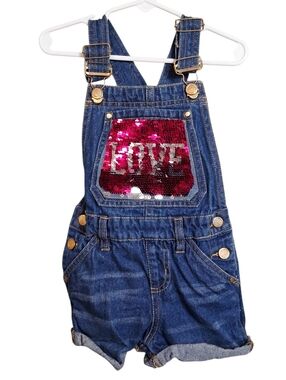 Chillipop | Denim Sequin “LOVE” | Short Overalls Bibs | Girls 5-6